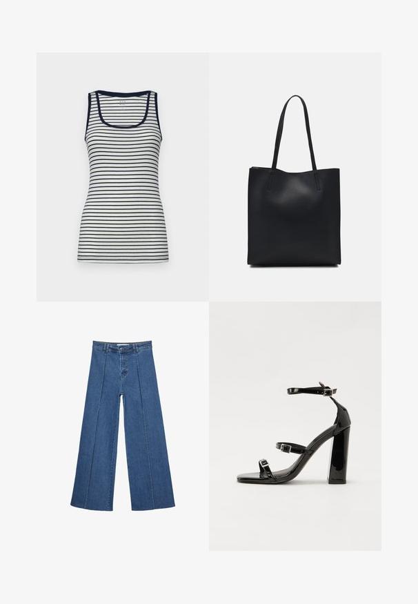 GAP TANK - Top - white/navy; Bredde ben denim jeans i mellemblå, med høj talje, knaplukning og kontrasterende lodrette sømdetaljer foran.; Sorte patenterede hælsandaler med firkantet tå, ankelremme og sølvspænder. Har en chunky blokHæl for stabilitet.; Sort læder tote taske med glat tekstur, rektangulær form og to lange hanke. Ingen synlig hardware eller udsmykninger.