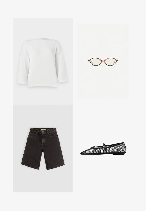 Valkoinen ribattu neulepaita pyöreällä pääntiellä ja kolmannelta neljännekseltä varsilla, joka on rentoa ja pehmeää materiaalia.; Mustat farkkushortsit, joissa on suora leikkaus, viisi taskua ja metalliosia, teksturoitu kangas ja tavanomainen vyötärö.; Musta verkkokuvioinen ballerinatyyppinen kenkä, jossa on kärjeltään terävä muoto ja koristelstrap, sekä huomaamaton yksityiskohta. Kenkässä on avoin verkkotyyli ja litteä pohja.; Kilpikonnakuosiset silmälasit, joissa on soikeat linssit ja tyylikäs, sileä pinta. Ominaisuudet: ohuet sivut, joissa on hienovarainen kaari temppeleissä. Kirkkaat linssit.