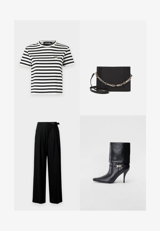 Melnā un baltā svītraina īsā piedurkne T-krekls ar apaļu kakla izgriezumu un mazu izšuvumu kreisajā krūtī.; Melni plaši bikses ar augsto jostasvītru, priekšā ar krokojiem un jostu ar sprādzi. Izgatavotas no gludas, vieglas auduma.; Melnas ādas potīšu zābaki ar smailu purngalu, augstu stiletto papēdi, salocītu aproci un zeltītu dekoratīvu sprādzi uz potītes.; Melna ādas crossbody soma ar gludu faktūru, taisnstūrveida formu un metalizētu ķēdes detaļu priekšā. Iekļauta regulējama siksna.