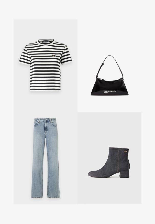 Black and white striped short-sleeve t-shirt with a round neckline and a small embroidered logo on the left chest.; Light blue, wide-leg jeans made of denim. Features a button and zip closure, front pockets, and subtle fading. Clean hems.; Dark denim ankle boot with a pointed toe, block heel, visible stitching, and a subtle brand logo on the side. Smooth texture.; Black patent leather handbag with a triangular shape, featuring a top zipper and adjustable strap. Logo "KARL LAGERFELD JEANS" in silver.
