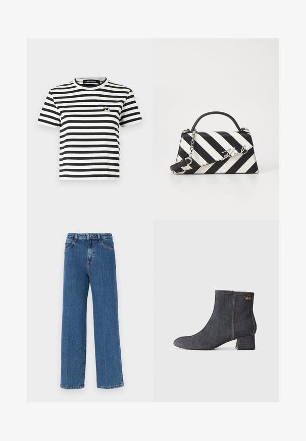 Black and white striped short-sleeve t-shirt with a round neckline and a small embroidered logo on the left chest.; Wide-leg blue denim jeans with a faded finish, five-pocket design, and a classic button and zipper fly. Textured fabric with visible seams.; Dark denim ankle boot with a pointed toe, block heel, visible stitching, and a subtle brand logo on the side. Smooth texture.; Black and white striped handbag with a structured shape, featuring a top handle, a detachable chain strap, and metallic logo accent.