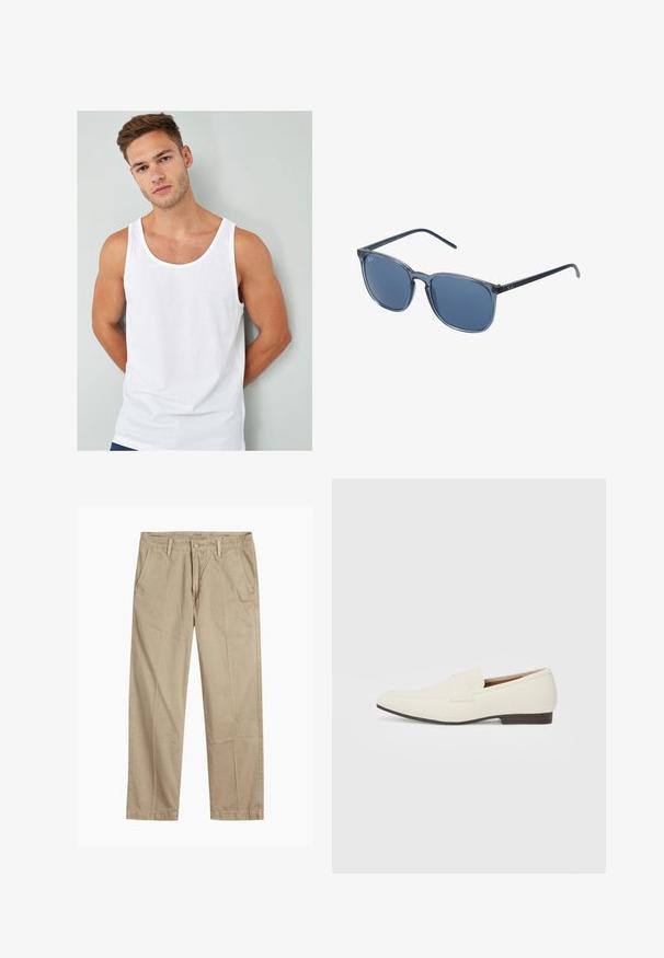 Top in cotone bianco senza maniche con scollatura rotonda e ampie aperture per le braccia, indossato da un modello su uno sfondo grigio chiaro.; Chinos beige a gamba dritta con passanti per cintura, chiusura frontale a bottone e zip, e tasche laterali inclinati.; Mocassini beige chiaro con punta affusolata, materiale liscio, una fascia sulla tomaia e una suola bassa marrone. Design semplice con accenti minimi.; Occhiali da sole rettangolari blu con lenti grigi, montatura in plastica, dettagli metallici e finitura opaca sulle aste.
