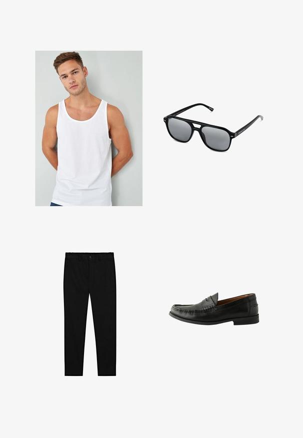 Weißes Baumwoll-Top mit Rundhalsausschnitt und weiten Armausschnitten, präsentiert an einem Modell vor einem hellgrauen Hintergrund.; Schwarze maßgeschneiderte Hosen mit Knopfverschluss, Gürtelschlaufen und schmalem, geradem Bein, auf einem weißen Hintergrund präsentiert.; Schwarze Lederloafers mit glatter Oberfläche, abgerundetem Zehenbereich, handgestochener Detailarbeit und einer niedrigen Gummisohle. Klassisches und vielseitiges Design.; Schwarze Sonnenbrille mit rechteckigen Rahmen, grauen getönten Gläsern und einer Aussparung im Nasensteg. Schlanker, glänzender Kunststoff, mit schmalen Bügeln.