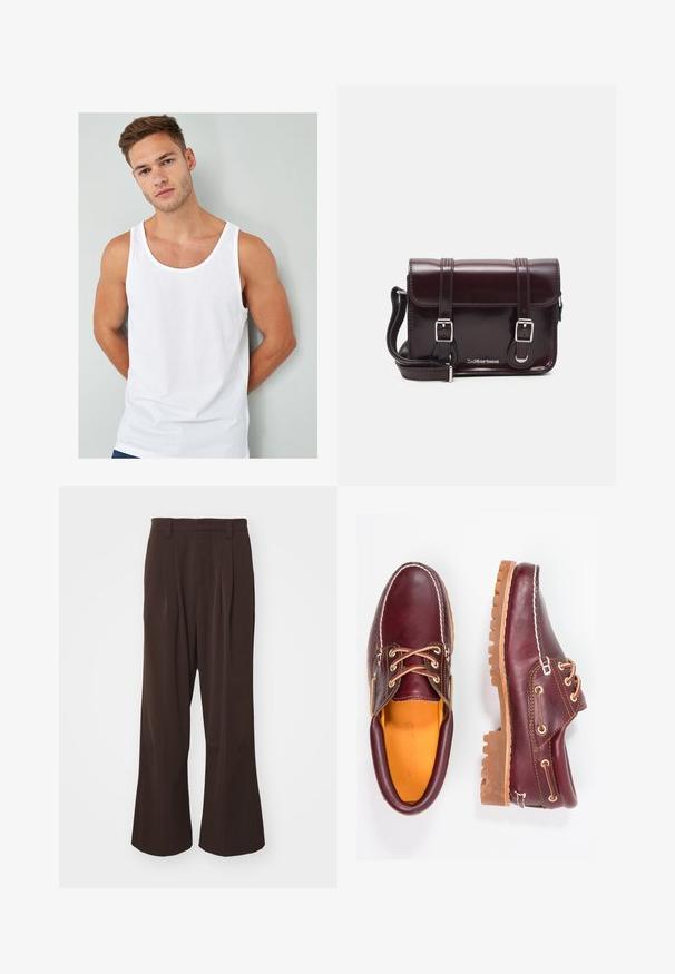 Weißes Baumwoll-Top mit Rundhalsausschnitt und weiten Armausschnitten, präsentiert an einem Modell vor einem hellgrauen Hintergrund.; Braune weit geschnittene Hose mit hoher Taille, ausgestattet mit vorderen Falten und Gürtelschlaufen, aus einem glatten, leichten Stoff gefertigt.; Bordeauxfarbene Lederschuhe mit braunen Gummisohlen, runder Zehenform, weißen Nähten und goldenen Ösen. Das Innenfutter weist eine gelbe Beschichtung auf.; Burgunderfarbene Patelleder-Crossbody-Tasche mit rechteckiger Form, zwei Riemen, silberfarbener Hardware und einem Klappenverschluss.
