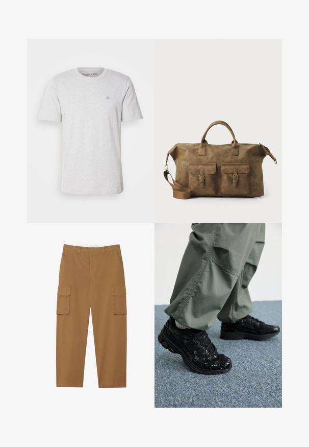 Lys grå bomulds T-shirt med korte ærmer, rund halsudskæring og broderet logo på brystet. Blød tekstur og standard pasform.; Brune cargo bukser med to sidelommer, flad front og lige ben. Fremstillet af et slidstærkt stof med en glat tekstur.; Sorte atletiske sneakers med blanke og mesh teksturer, der har en tyk sål og snørebånd, parret med løse olivengrønne cargo bukser.; Brun læder duffel taske med to forlommer, justerbar skulderrem, guldfarvet hardware og robuste top håndtag. Glat tekstur.