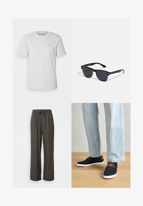 Svetlo siva bombažna majica s kratkimi rokavi, okroglo izrezana in z vezenim logotipom na prsih. Mehka tekstura in standardni kroj.; Temno siva široka hlače z elastičnim pasom, izdelane iz mehke, strukturirane tkanine, z zavihanimi manšetami na gležnjih.; Črne platnene superge z rjavimi poudarki, belimi gumijastimi podplati in rjavimi vezalkami, v kombinaciji s svetlobluzimi naravnost krojenimi kavbojkami. Ozadje iz lesenih tal.; Črne sončne naočare pravokotne oblike, temna leča, srebrni detajli na ušesih in mat površina na okvirju.