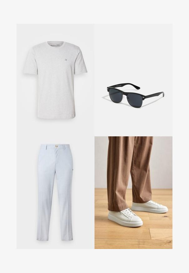 Jasnoszara bawełniana koszulka z krótkim rękawem, okrągłym dekoltem i haftowanym logo na klatce piersiowej. Miękka faktura i standardowy krój.; Jasnoniebieskie spodnie materiałowe o klasycznym kroju, proste nogawki, kieszenie z przodu i zapięcie na guzik. Subtelny wzór.; Osoba w białych, teksturowanych niskich trampkach i luźnych brązowych spodniach, stojąca na jasnej drewnianej podłodze.; Czarne okulary przeciwsłoneczne o prostokątnym kształcie, ciemnych soczewkach, srebrnych akcentach na zausznikach oraz matowym wykończeniu oprawki.; Biała perłowa naszyjnik o jednolitym, okrągłym kształcie, gładkiej powierzchni oraz metalowym zapięciu z przedłużanym łańcuszkiem dla regulowanej długości.