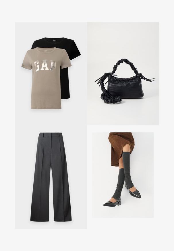 Două tricouri cu mânecă scurtă și gât rotund, unul bej cu „GAP” scris cu litere mari argintii și unul complet negru, expuse suprapuse.; Pantaloni culți din țesătură gri închis, cu talie înaltă, pliuri simple și o textură netedă, cu o finisare curată la tivuri.; Pantofi negri din piele lacuită, cu vârful ascuțit, toc bloc și curea la glezna, asortați cu jambiere gri cu nervuri și o fustă din suede maro.; Geantă din faux leather neagră cu textură de crocodil, cu partea superioară strânsă și o curea mototolită. Pare moale și compactă ca design.