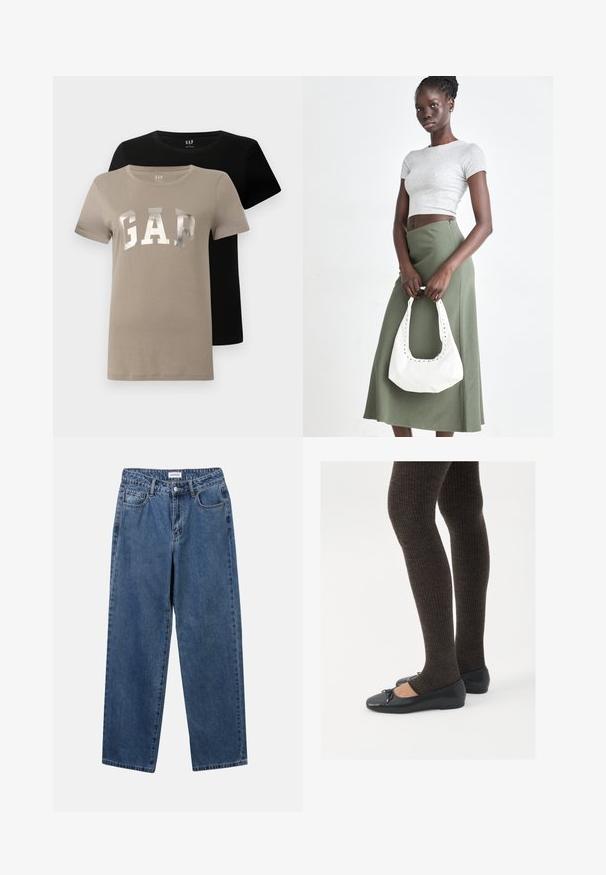 Two short-sleeve crew neck T-shirts, one beige with "GAP" in large silver letters and one solid black, displayed overlapping.; Classic blue denim jeans with a straight-leg design, five pockets, and a button closure. Features a medium wash and sturdy texture.; Black flat shoes with a small bow detail at the toe, paired with dark brown ribbed tights. Shoes have a smooth texture and low profile.; Gray ribbed crop top and olive green high-waisted skirt. Model holds a white shoulder bag with cut-out detailing. Simple design, fitted silhouette.