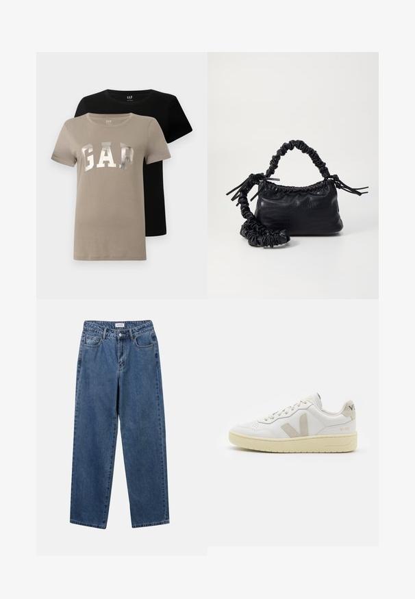 Dos camisetas de manga corta tipo crew neck, una beige con "GAP" en grandes letras plateadas y una negra lisa, exhibidas de forma superpuesta.; Jeans de mezclilla azul clásico con un diseño de pierna recta, cinco bolsillos y cierre de botón. Presenta un lavado medio y una textura resistente.; Zapatilla de piel blanca con acentos de ante beige, caja de puntera perforada, cordones planos y suela texturizada en color crema. Cuenta con un branding sutil en el talón.; Bolso de mano de imitación cuero negro con textura de cocodrilo, parte superior fruncida y correa arrugada. Presenta un diseño suave y compacto.