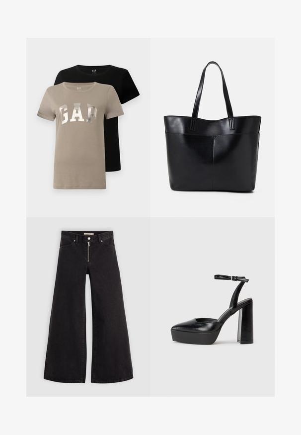Kaksi lyhythihaista pyöreäkaulaista T-paitaa, toinen beige, jossa on suurilla hopeisilla kirjaimilla "GAP" ja toinen täysin musta, esillä toistensa päälle asetettuna.; Mustat leveälahkeiset farkut, joissa on vetoketjufrunti, viisi-taskuinen muotoilu ja hienovaraiset ompelusyyt. Sileä pinta ja rento tyyli.; Mustat korkeat platform-kengät, joissa on terävä kärki ja säädettävä nilkkaremmi. Valmistettu sileästä nahasta ja varustettu paksulla lohkokorkeudella.; Musta nahkainen kassi, jossa on kaksi pitkää kahvaa, sileä pinta ja jämäkkä muoto. Sisältää etutaskun lisävarastointia varten.