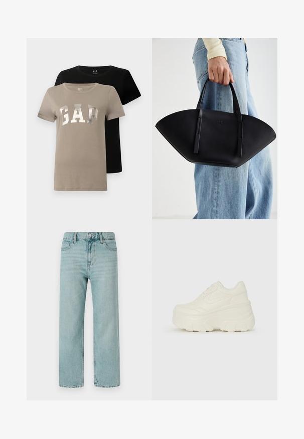 Deux t-shirts à col rond à manches courtes, l'un beige avec "GAP" en grandes lettres argentées et l'autre noir uni, présentés en superposition.; Jeans bleu clair à jambes larges en denim, avec un design classique à cinq poches, des lignes épurées et une taille régulière avec fermeture par bouton.; Baskets plateformes blanches avec une tige en simili cuir lisse, une forme arrondie, un col rembourré et une semelle en caoutchouc texturé avec des crampons définis.; Sac à main en cuir noir avec une forme de éventail unique, doté de poignées plates. La surface présente une texture granuleuse et un design minimaliste.