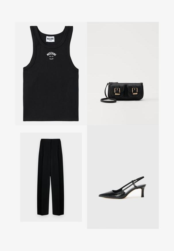 Svart ribbestrikket tanktop med rund hals. Har hvit brodert logo "MOSCHINO Jeans 86 23" sentrert på brystet. Glatt tekstur.; Svart vide bukser med høy livhøyde, med folder og en glatt tekstur. Stoffet virker lett og faller elegant.; Sorte patent slingback hæl med spids tå, featuring tekstureret slangeskind, justerbar rem og en kort, tekstureret blokhæl.; Svart skinn crossbody veske med to frontlommer, gyldne spenner, glidelåslukking og en slank stropp. Teksturert overflate og kompakt rektangulær form.