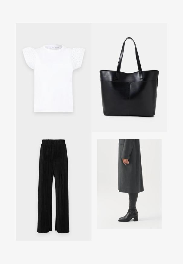 Valge lühikeste puhviga varrukatega t-särk, mis on valmistatud tikitud puuvillast, millel on ringikujulised lõiked ja ümmargune kaelus.; Mustad pleekitud püksid elastse vöökohtaga. Omavad laiad jalad ja sujuvat, tekstureeritud kangast vertikaalsete triipudega.; Hallhalline, kohandatud ülikond jakk sirge lõikega; kombineeritud kuni põlveni ulatuvate mustade nahast saapadega, millel on nelinurkne varvas ja paks konts.; Must mustaga musta nahast, millel on kaks pikka kanda, sile tekstuur ja struktureeritud kuju. Esipoolsel on lisakoti jaoks tasku.