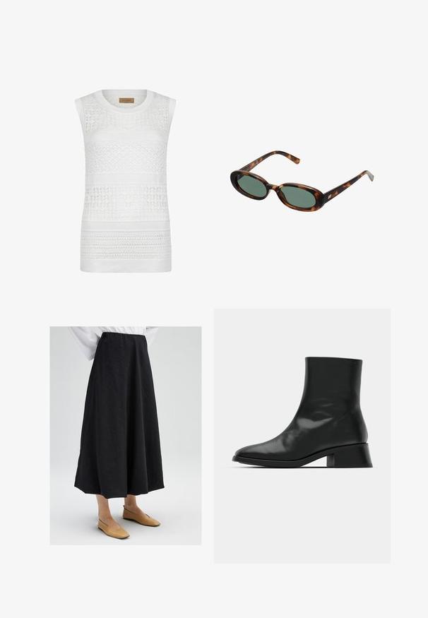 Biały bezrękawnik z dzianiny, charakteryzujący się teksturowanymi wzorami, różnorodnymi poziomymi deseniami oraz ribbowanym wykończeniem przy dekolcie i dolnej krawędzi.; Czarna spódnica midi o teksturowej powierzchni, z elastycznym pasem i zwiewnym krojem. Połączona z beżowymi płaskimi butami.; Czarne botki do kostek z błyszczącej skóry, o eleganckim designie, spiczastym nosku i umiarkowanym blokowym obcasie dla stabilności.; Okulary przeciwsłoneczne w kolorze tortoise z owalnymi oprawkami i zielonymi soczewkami. Posiadają cienkie zauszniki z metalowym akcentem przy zawiasach.