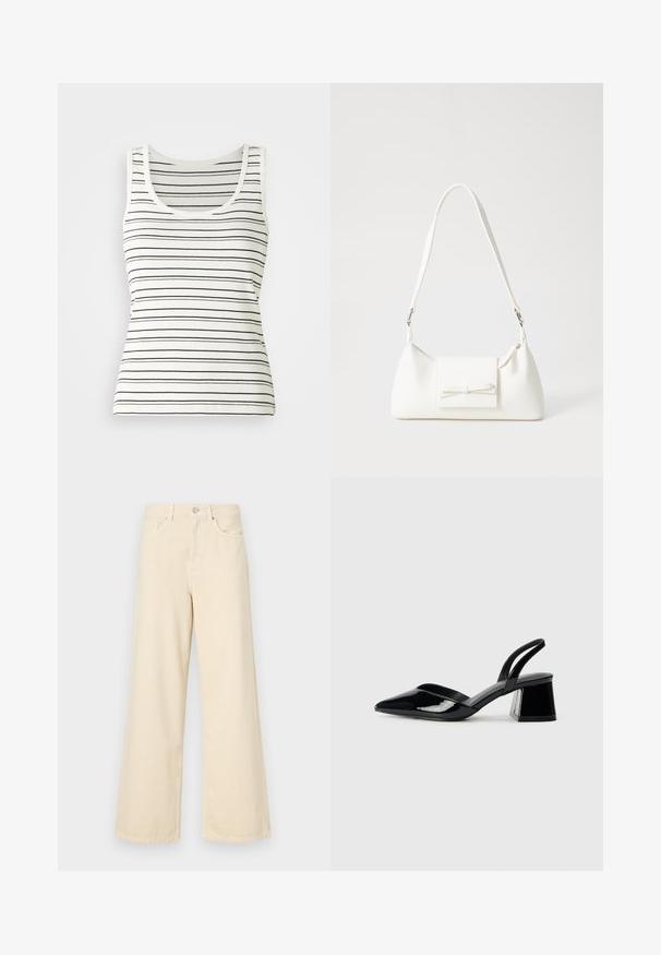 Top a maniche corte a righe di colore avorio con sottili strisce orizzontali nere. Presenta una scollatura rotonda e una texture a coste. Design classico senza maniche.; Jeans beige a gamba larga in cotone. Caratterizzati da chiusura con bottone, passanti per cintura e tasche anteriori con una consistenza liscia e morbida.; Décolleté in vernice nera con punta affusolata e tacco in geometria cubica. Presentano un design elegante e minimalista, con una texture liscia.; Borsa sintetica bianca a forma triangolare, con patta anteriore piatta e dettaglio a fiocco, tracolla regolabile, texture liscia e design minimalista.
