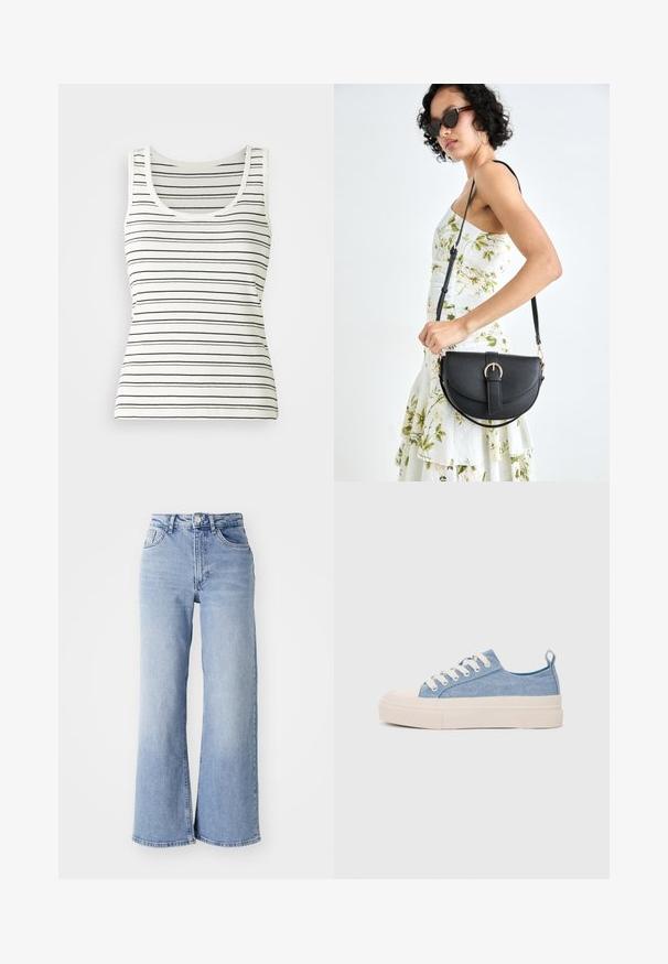 Débardeur rayé en blanc cassé avec de fines rayures horizontales noires. Présente un décolleté rond et une texture côtelée. Design sans manches classique.; Jean à taille haute, large et bleu clair, avec poches avant et arrière, fermeture à bouton et nuances subtiles d'usure sur les cuisses et les ourlets.; Baskets en toile bleu clair avec une coque en caoutchouc crème et une semelle extérieure, dotées de lacets blancs et d'une languette au talon.; Sac à main en cuir noir avec une forme courbée, bandoulière amovible et des accessoires en or. Le sac est doté d'un rabat avec un détail de boucle.