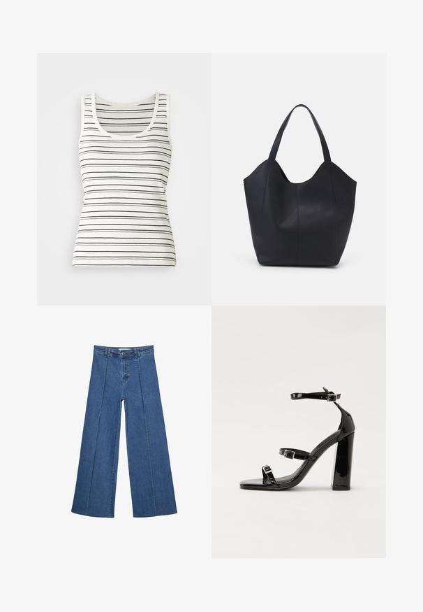 Gestreifes Tanktop in Off-White mit dünnen schwarzen horizontalen Streifen. Verfügt über einen runden Ausschnitt und eine gerippte Textur. Klassisches ärmelloses Design.; Weite Jeans aus Denim in Mittelblau, mit hoher Taille, Knopfverschluss und kontrastierenden vertikalen Nahtdetails an der Vorderseite.; Schwarze patentierte Sandalen mit Absatz, quadratischer Spitze, Knöchelriemen und silbernen Schnallen. Mit einem stabilen Blockabsatz für mehr Stabilität.; Schwarze Tote-Bag aus glattem Leder, mit einem abgerundeten, offenen Oberteil, zwei Schulterträgern und einem minimalistischen Design.