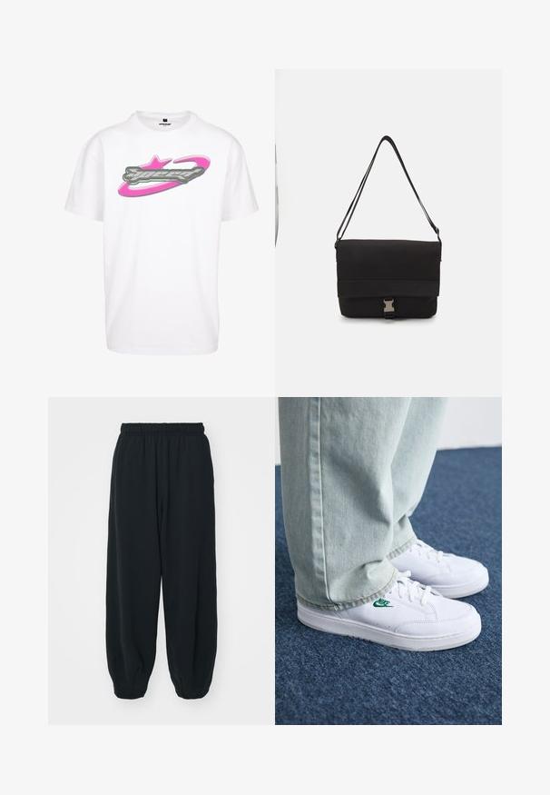 Fehér pamut póló, amelyen egy nagy szürke és rózsaszín "sebesség" grafika látható, csillag- és pálya mintával, az elején.; Fekete, rugalmas derékpántos melegítőnadrág, laza fit, véget érő szárakkal, sima textúrával, látható minták vagy hardver díszek nélkül.; Fehér bőr sportcipők zöld Nike logóval, kerek orral, lapos talppal, világoskék farmernadrággal párosítva, kék szőnyegen bemutatva.; Fekete üzenetküldő táska sima anyagból, hajtókás fedéllel, ezüst csattal és állítható vállpánttal.