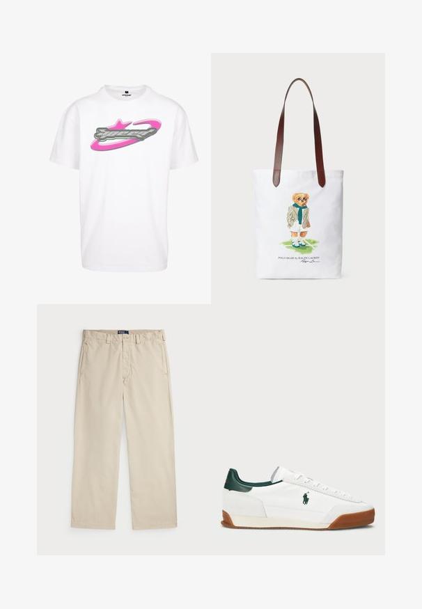Baltas kokvilnas T-krekls ar lielu pelēku un rozā "ātruma" grafiku, kurā uzdrukāts zvaigzne un orbītas dizains uz priekšpuses.; Bežī kokvilnas chinos ar taisnu kāju dizainu, ar pogu aizdari un divām priekšējām kabatām. Gluda tekstūra un vienkrāsains.; Baltas sporta apavi ar zaļiem ādas akcentiem un brūnu gumijas zoli. Iezīmēts ar auduma virsmu un izteiktu logotipu sānos. Ar auklām.; Kanvas nešanas soma ar karikatūras lāci zaļā šallē un žaketē, ar brūnajām ādas plecu siksnām. Balta fona, drukāts dizains.