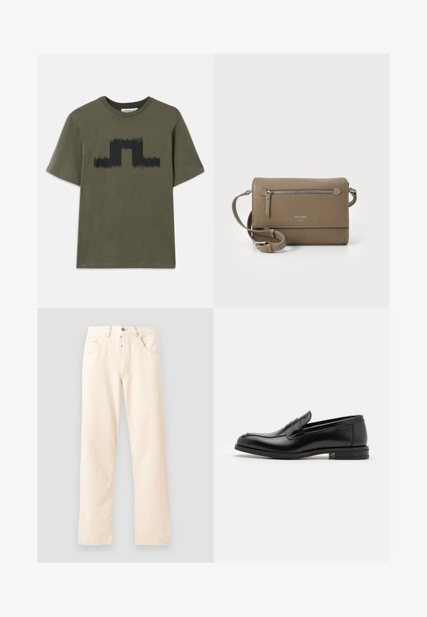 Dark olive green cotton T-shirt with short sleeves, featuring a black graphic wave pattern across the chest. Classic crew neck design.; Light beige denim jeans with a straight-leg design, five pockets, and a front button closure. Stitching visible along seams.; Black leather loafers with a smooth texture, rounded toe, and a decorative strap across the vamp. Low stacked heel, minimalist design.; Taupe leather crossbody bag with a zippered front pocket, adjustable strap, pebble texture, and embossed logo on the front.