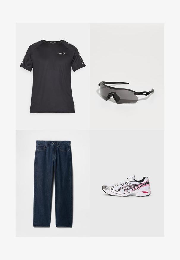 Endless CAMISETA FEISTY ICONIC - Tekninen t-paita - black; Tummansiniset farkut suoralla lahkeensovituksella, viisi taskua, yläosassa nappikiinnitys ja näkyvät saumat kankaassa.; Valkoinen urheilusandaali, jossa mustat ja vaaleanpunaiset yksityiskohdat, verkkokangas päällinen, pehmustettu kaulus ja teksturoitu pohja pidon takaamiseksi. Sisältää heijastavia yksityiskohtia.; Urheilulasit, joissa on täysin ympäri käärivä mustasta muovista valmistettu kehys, tummennetut linssit ja erottuva kulmikas muotoilu. Joustavissa korvapehmusteissa on mukavuutta.