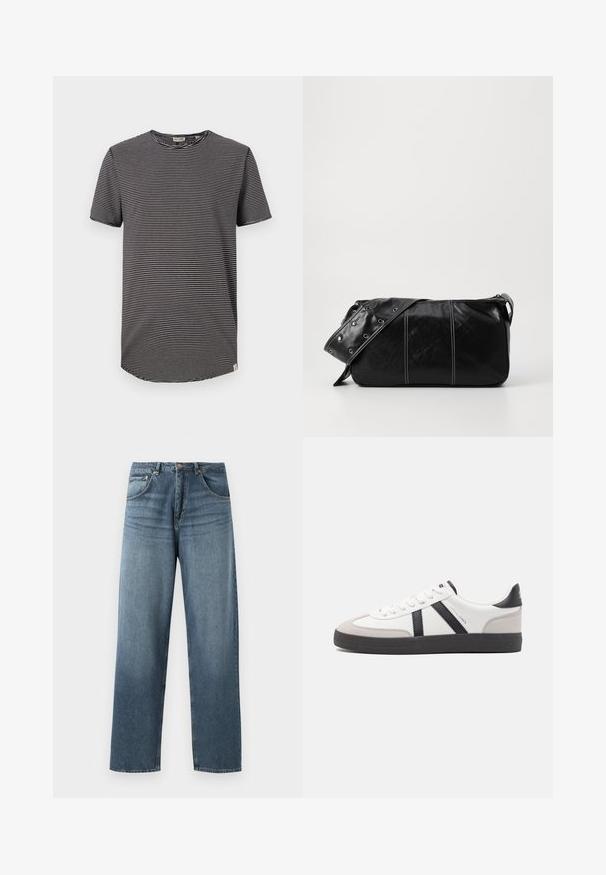 Sort-hvid stribet t-shirt med korte ærmer, rund halsudskæring og afrundet bund. Blødt stof med en afslappet pasform. Tag synligt indeni.; Lige ben blå denim jeans med en falmet vask, der har fem lommers design, metallisk knap og bæltestropper. Struktureret, medium vægt stof.; Hvide sneakers med sorte og grå detaljer, med en tekstureret grå tåhætte, sort gummisål og flade hvide snørebånd. Rent design, minimalistisk stil.; Sort læder skuldertaske med lynlås, der har en tekstureret overflade, hvid syning og en rem med sølvøskner.