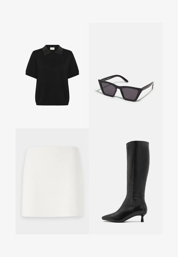 Kaffe Poloshirt - black deep; Weißer, taillierter Minirock mit glatter Textur und klaren Linien. Keine sichtbaren Muster oder Beschläge. Gerader Saum am unteren Ende.; Zign Stiefel - black; Schwarze, eckige Sonnenbrille mit grauen Gläsern; aus Kunststoff gefertigt, mit dicken Bügeln, die eine glatte Oberfläche und keine sichtbaren Beschläge haben.; Schwarze Wildleder-Clutch mit einem Reißverschluss und abnehmbarem Handgelenkband. Verfügt über goldfarbene Hardware und eine glatte, matte Oberfläche.