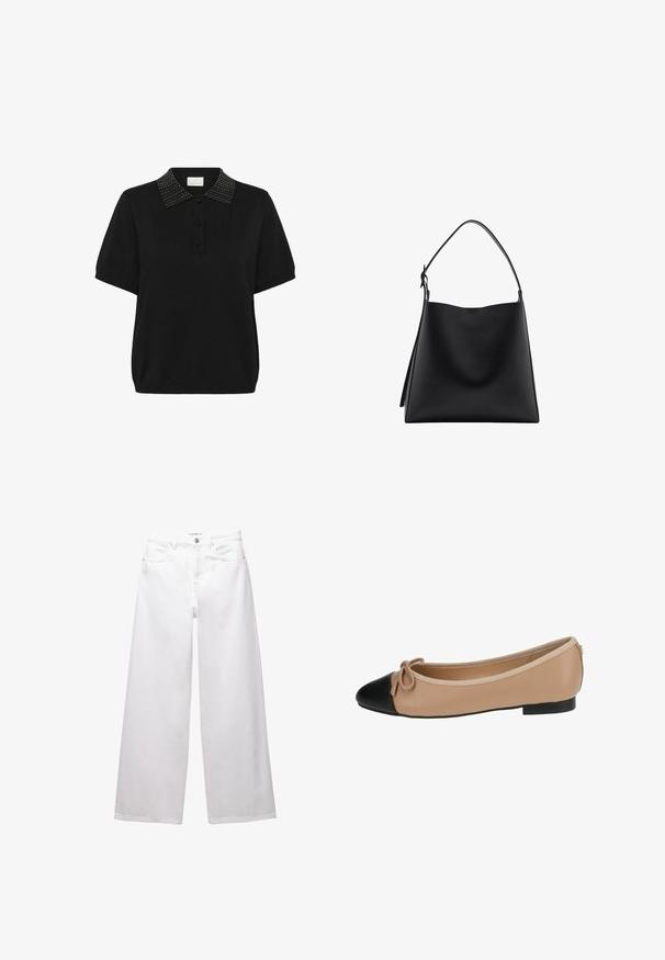 Kaffe Pikeepaita - black deep; Valkoiset leveät farkut, jotka on valmistettu denimestä. Varustettu nappikiinnityksellä, etu- ja takataskuilla sekä ommelluilla saumoilla. Sujuva pinta, jossa on minimaalinen yksityiskohtaisuus.; Beige nahka ballet-tossut, joissa on musta kärki. Ominaisuuksiin kuuluu edessä oleva nauhakulma ja sileä pinta. Matala profiili, jossa on kumipohja.; Mustat nahkakäsilaukku, jossa on sileä pinta, minimalistinen muotoilu ja yksi kaareva olkahihna. Avoin yläpää, ei näkyvää metalliosaa.