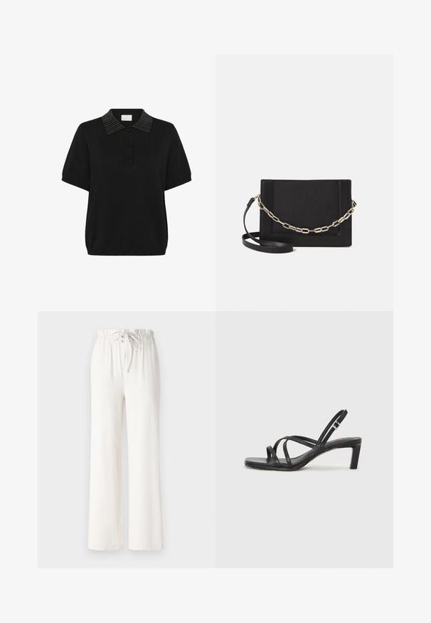 Kaffe Polo majica - black deep; Bijele hlače širokih nogavica napravljene od mekog materijala, s elastičnim pojasom i glatkom teksturom. Nema vidljivih uzoraka ili ukrasa.; Crne sandale s trakama, kvadratnim prstom i niskom blok petom. Ima više tankih trakica i podesivu trakicu oko gležnja. Izrađene su od glatke kože.; Crna kožna torba preko tijela s glatkom teksturom, pravokutnim oblikom i metalnim lancem na prednjoj strani. Uključena je podesiva naramenica.