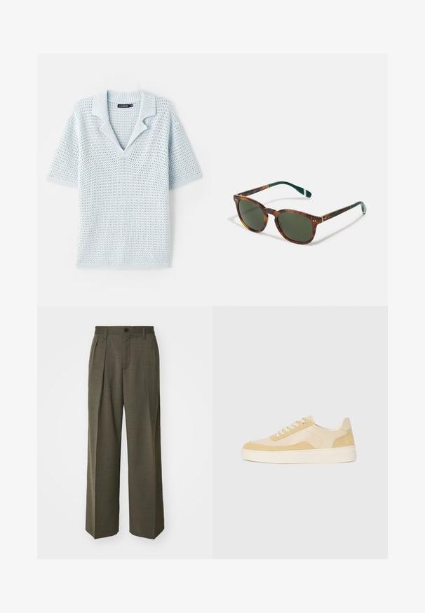 Polo en tricot bleu clair à manches courtes avec un col en V et un col côtelé. Présente un motif texturé à mailles ouvertes.; Filippa K WIDE TROUSERS - Pantalon classique - driftwood; Baskets en suède et cuir jaune clair, avec une semelle rembourrée et des accents cousus. Design classique à lacets avec un bout arrondi.; Lunettes de soleil en écaille de tortue avec des verres verts, forme arrondie, accents dorés et branches vertes foncées avec une rayure blanche.