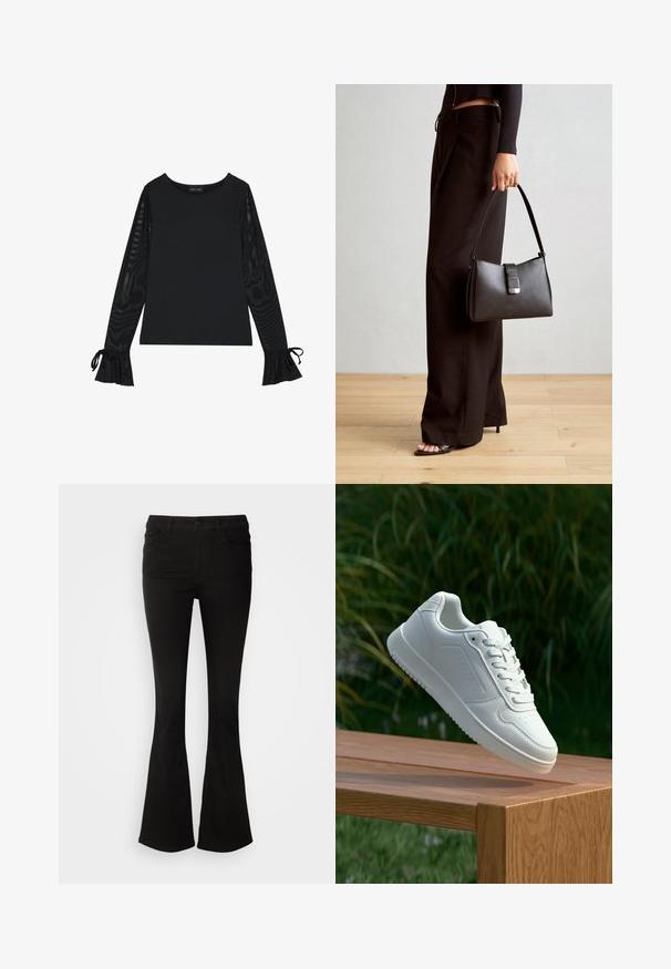 Zwarte top met een solide lichaam en doorschijnende, uitlopende mouwen. Heeft strikaccenten bij de manchetten. Gemaakt van een gladde stof met een getailleerd ontwerp.; Zwarte flarebroek van rekbare stof, met een tailleband met riemlussen en voorzakken, een zachte textuur en een getailleerde pasvorm tot de knie.; Witte sneaker met een gladde synthetische bovenkant, geperforeerde neus, platte veters en een gestructureerde zool, tentoongesteld op een houten oppervlak.; Zwarte handtas met gestructureerde vorm, gladde textuur en een metalen sluiting. Gecombineerd met brede zwarte broeken en sandalen met open teen op een houten vloer.