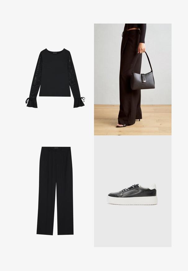 Sort top med solid krop og gennemsigtige, flagrende ærmer. Har bindebånd ved manchetterne. Lavet af glat stof med en figursyet design.; Sorte bukser med en lige ben-design, der har to forlommer og en talje. Lavet af et glat, let stof.; Kennel + Schmenger BANG - Sneakers - schwarz/bianco; Sort håndtaske med struktureret form, glat overflade og metalspænde. Sammen med brede sorte bukser og sandaler med åben tå på trægulv.