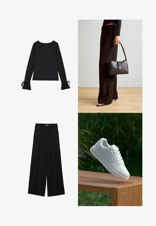 Fekete felső, szolid testtel és áttetsző, harangujjakkal. Kötős részletekkel a mandzsettákon. Simára kidolgozott anyagból, testhezálló kialakítással készült.; Fekete, bő szárú nadrág, texturált anyagból, rugalmas derékpánttal és levehető sállal a derekán, amely állítható illeszkedést biztosít.; Fehér sportcipő sima szintetikus felsőrésszel, perforált lábujjrész, lapos fűzőkkel és texturált talppal, fából készült felületen kihelyezve.; Fekete kézi táska strukturált formával, sima textúrával és fémből készült záródással. Széles fekete nadrággal és nyitott orrú szandállal párosítva, fából készült padlón.