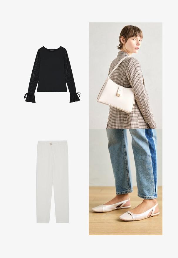 Čierny top s pevným telom a priesvitnými, rozšírenými rukávmi. Obsahuje viazacie akcenty na manžetách. Vyrobený z hladkej tkaniny s priliehavým strihom.; Biele, priliehavé nohavice s rovnými nohavicami, so zapínaním na gombík, pútkami na opasok a bočnými vreckami; hladká textúra látky.; Svetloružové slingback baleríny s jemne špicatou špičkou, vyrobené z hladkého materiálu pripomínajúceho kožu. Majú výrezové detaily na stranách a plochý opätok.; Biely kožený kabelka so štruktúrovaným dizajnom, s magnetickým uzáverom a ramenným popruhom, vystavená na neutrálnom pozadí.