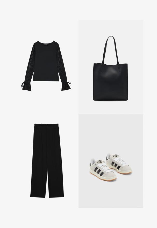 Zwarte top met een solide lichaam en doorschijnende, uitlopende mouwen. Heeft strikaccenten bij de manchetten. Gemaakt van een gladde stof met een getailleerd ontwerp.; Zwarte wijde broek met een gerimpelde tailleband, voorzien van twee zijzakken en een soepele, lichte stof. Geen zichtbare patronen of hardware.; Grijze nubucklederen sneakers met witte veters, zwarte strepen en een witte rubberen zool. Bevat een rond logo op de tong en een gumzool.; Zwarte leren handtas met een gladde textuur, rechthoekige vorm en twee lange handvaten. Geen zichtbare hardware of versieringen.