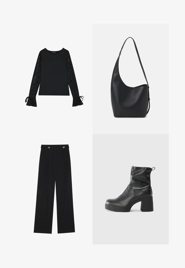 Černý top s pevným tělem a průhlednými, rozšířenými rukávy. Obsahuje vázací detaily na manžetách. Vyrobeno z hladkého materiálu s přiléhavým střihem.; Černé široké kalhoty s vysokým pasem, detailní knoflíky na pase a přední záhyby.; Černé kotníkové boty vyrobené z hladké kůže, s bočním zipem, robustním strukturovaným podpatkem a kulatou špičkou.; Černá kožená hobo taška s hladkým povrchem, zakřiveným tvarem a jedním nastavitelným popruhem; má široké otevírání nahoře.