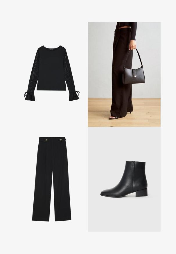 Black top with solid body and sheer, flared sleeves. Features tie accents at the cuffs. Made from smooth fabric with a fitted design.; Black wide-leg trousers with high waist, button details on waistband, and front pleats.; Black leather ankle boot with a pointed toe and a low block heel, featuring a smooth texture and minimalistic design.; Black handbag with structured shape, smooth texture, and a metallic clasp. Paired with wide black pants and open-toe sandals on wooden floor.