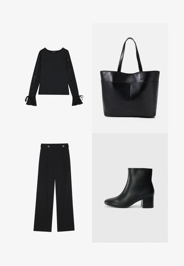 Black top with solid body and sheer, flared sleeves. Features tie accents at the cuffs. Made from smooth fabric with a fitted design.; Black wide-leg trousers with high waist, button details on waistband, and front pleats.; Black leather ankle boots with a pointed toe and a chunky heel. Smooth texture with minimal accents and a sleek, fitted design.; Black leather tote bag with two long handles, a smooth texture, and a structured shape. Features a front pocket for additional storage.