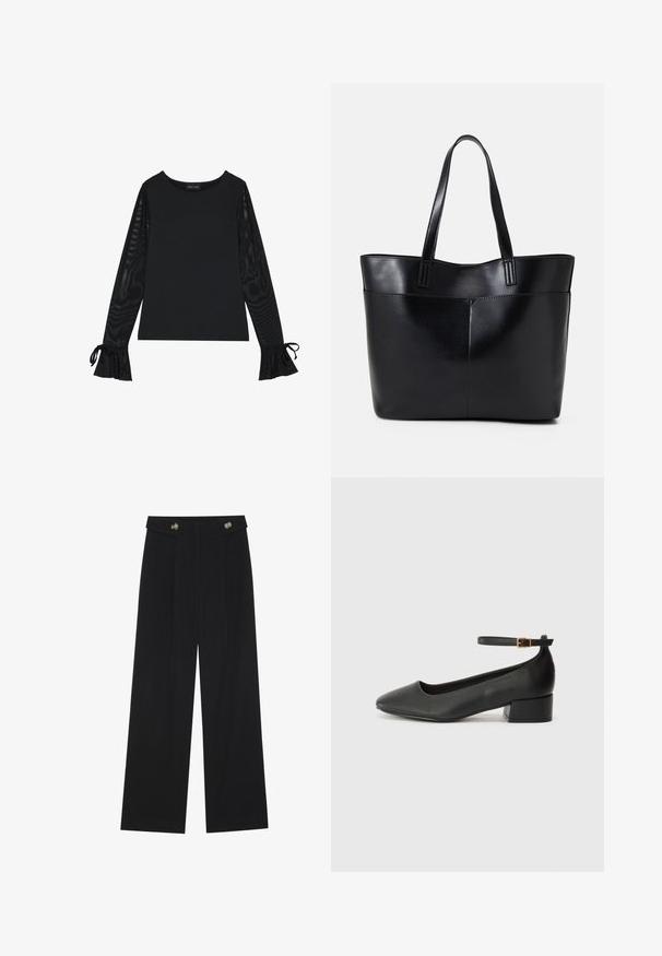 Svart topp med solid kropp og gjennomsiktige, flarede ermer. Har knyteakenter ved mansjettene. Laget av glatt stoff med en tettsittende design.; Svart vide bukser med høy midje, knappdetaljer på midjebåndet og frontplisser.; Sorte skinnpumper med spiss tå og lav blokkhelt. Har ankelrem med gullfarget spenne. Glatt tekstur.; Svart lær toteveske med to lange håndtak, en glatt tekstur og en strukturert form. Har en frontlomme for ekstra oppbevaring.
