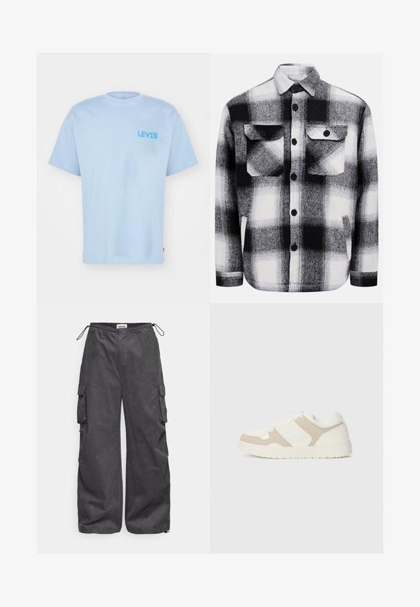 Levi's® VINTAGE FIT GRAPHIC - Apdrukāts T-krekls - sunset valley soft chambray; Melnbalts pārbaudīts flaneles krekls, kas aprīkots ar divām priekšējām kabatām, pogu aizdari un mīkstu tekstūru. Klasiska auduma raksts.; Pelēki kravas bikses ar teksturētu audumu, elastīgu jostu, auklu un sānu kabatu detaļām. Brīvs piegriezums ar platām kājām.; Baltas un bežs kedas ar gludu un zamšveida tekstūru apvienojumu, apaļu purngali, saiteņu aizdari un platu gumijas zoli.