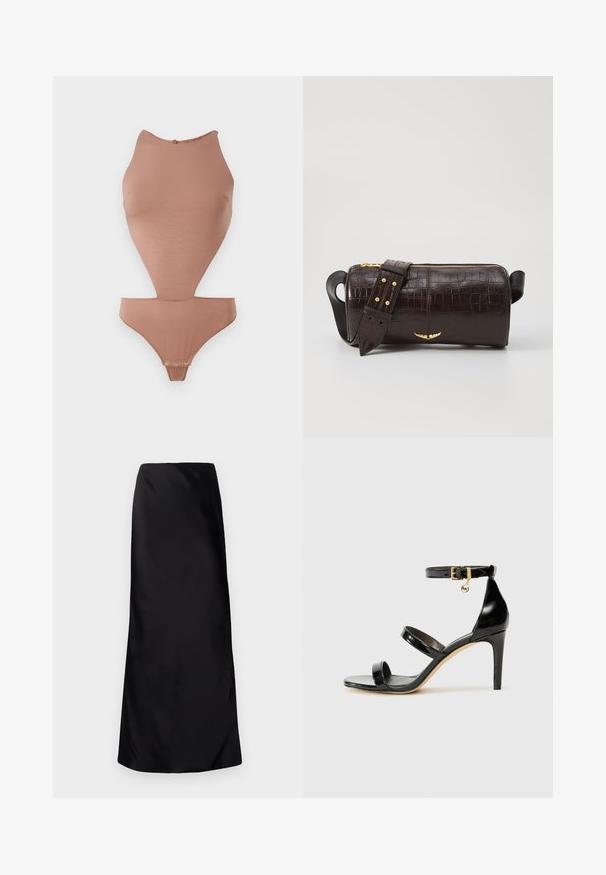 Nude bodysuit wykonany z gładkiego, elastycznego materiału. Posiada wysoki dekolt, bezrękawowy fason oraz cięcie do połowy uda z zapięciami na zatrzaski.; Norma Kamali - Długa spódnica; Czarne lakierowane sandały na paski z trzema paskami, zapięciem na kostce i 10-centymetrowym obcasem w szpilce. Zawierają złote detale oraz zawieszkę z logo.; Brązowa torba ze skóry z tłoczeniem krokodyla w kształcie cylindrycznym, z metalowymi elementami w kolorze złotym oraz odczepianym paskiem z ćwiekami.