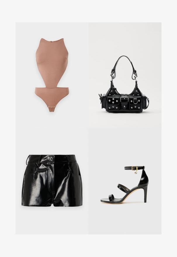 Naakt bodysuit gemaakt van glad, rekbaar materiaal. Heeft een hoge halslijn, mouwloos ontwerp en een snit tot halverwege het bovenbeen met drukknoopsluitingen.; Zwarte, glanzende shorts van synthetisch materiaal. Heeft een aansluitende taille, riemlussen en voorzakken met opvallende stikseldetails.; Zwarte gepatineerde leren sandaal met drie banden, enkelgesp en 10 cm hoge stiletto hak. Bevat gouden hardwaredetails en een logo charm.; Zwarte lederen handtas met een gebogen ontwerp, voorzien van zilveren studs, een gesp en twee zijvakken. Verstelbare schouderband voor verschillende draagmogelijkheden.