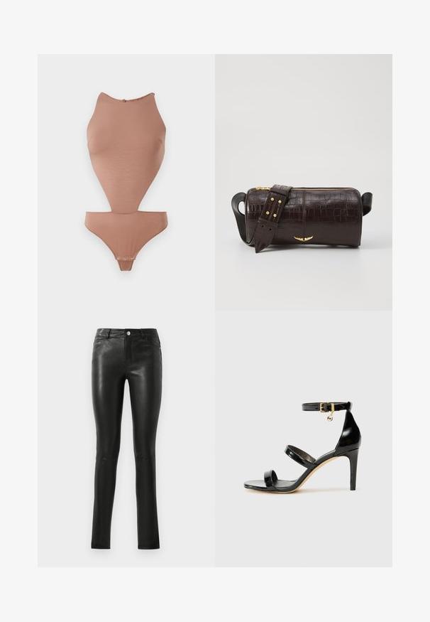 Body nude en tissu lisse et extensible. Caractéristiques : col haut, sans manches et coupe mi-cuisse avec fermetures à pression.; Pantalons en cuir noir au design ajusté, texture lisse, taille mi-haute et détails de couture subtils. Comprend des poches avant et un bouton en métal.; Sandale en cuir verni noir avec trois brides, boucle de cheville et talon aiguille de 10 cm. Présente un détail en métal doré et un charm logo.; Sac en cuir embossé crocodile marron avec une forme cylindrique, quincaillerie dorée et une bandoulière détachable ornée de clous.