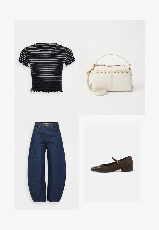 Melnbalts svītrots, īsām piedurknēm, ribots tops ar pieguļošu formu un viļņveida akcentiem piedurkņu un apakšmalā.; Augstās jostas tumši zilas džinsa bikses ar plašām kājām, ar priekšējo pogu un rāvējslēdzēja aizdari, kā arī klasisko piecu kabatu dizainu.; Brūni zamšādas Mary Jane apavi ar melnu lakotu purngalu, regulējamu siksniņu un zemu blokveida papēdi. Gluda tekstūra ar minimāliem akcentiem.; Baltā mākslīgā āda somiņa ar augšējo rāvējslēdzēju, īsu rokturi un noņemamu krūšu siksnu ar zelta krāsas aksesuāriem. Sānu diegu detaļa.; Sudraba auskars ar pulētu apdari, ar maziem zelta akcentiem un apaļu formu, uz ausu ļipiņas.