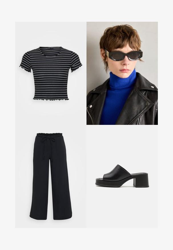 Černobíle pruhovaný, krátký rukáv, žebrovaný top s těsným střihem a vlnitými akcenty na rukávech a lemu.; Černé kalhoty s širokými nohavicemi s texturovaným povrchem, elastický pas s volánkovým okrajem a nastavitelnou šňůrkou.; Černé kožené platformové muly s kulatou otevřenou špičkou, nízkým blokovým podpatkem a hladkým povrchem. Minimalistický design s elegantními liniemi.; Černé sluneční brýle s zaoblenými hranami a tónovanými skly. Obsahují zlaté akcenty na rámech. Noseny s modrým žebrovaným rolákem a koženou bundou.