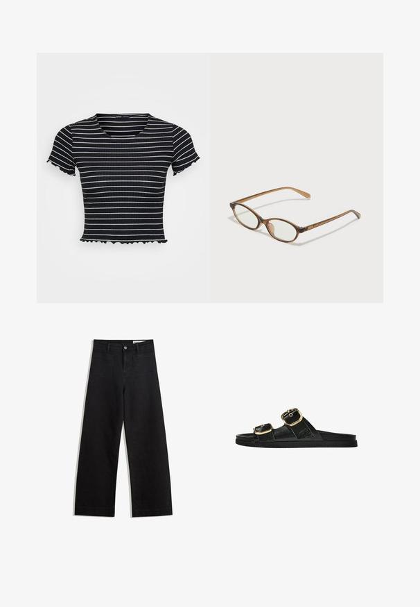 Fekete-fehér csíkos, rövid ujjú, bordázott felső, amely illeszkedő formájú, és hullámos díszítéssel rendelkezik az ujjaknál és az alján.; Fekete, bő szabású farmernadrág magas derékkal, elülső és hátsó zsebekkel, varrott felületekkel és gombos záródással. Sima textúra.; Fekete csúszó szandál, két arany csattal, sima textúrájú anyagból, lapos talppal és minimalista dizájnnal.; Barna teknős páncélmintás szemüveg, ovális lencsékkel, vékony szárakkal és átlátszó részletekkel. A templomon diszkrét logó található. Elegáns, könnyű dizájn.