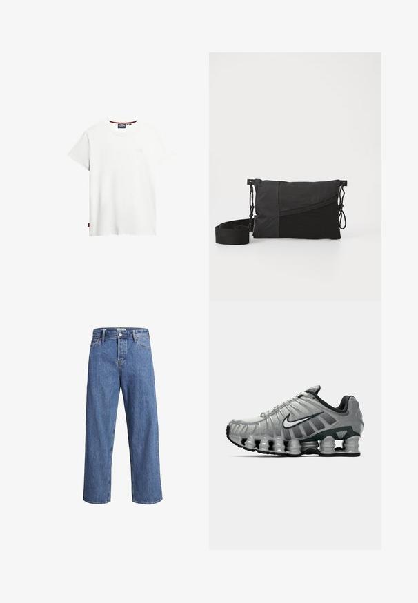 Biała bawełniana koszulka z okrągłym dekoltem, krótkimi rękawami oraz subtelnym logotypem z przodu. Zawiera małą czerwoną metkę po boku.; Biała koszula z długim rękawem z bawełny. Posiada kołnierzyk w szpic, zapięcie na guziki i pojedyncze mankiety. Minimalistyczny design bez wzorów.; Jasnoniebieskie dżinsy o prostym kroju, wysokim stanie i minimalnych detalach szycia. Materiał ma miękką, lekko wyblakłą teksturę.; Szare i czarne buty biegowe Nike z widocznym, sprężystym tłumieniem pod podeszwą oraz białym logo swoosh po boku.; Czarna torba na ramię wykonana z teksturowanej tkaniny, z ukośnym wzorem, regulowanym paskiem i ściągaczami po bokach.
