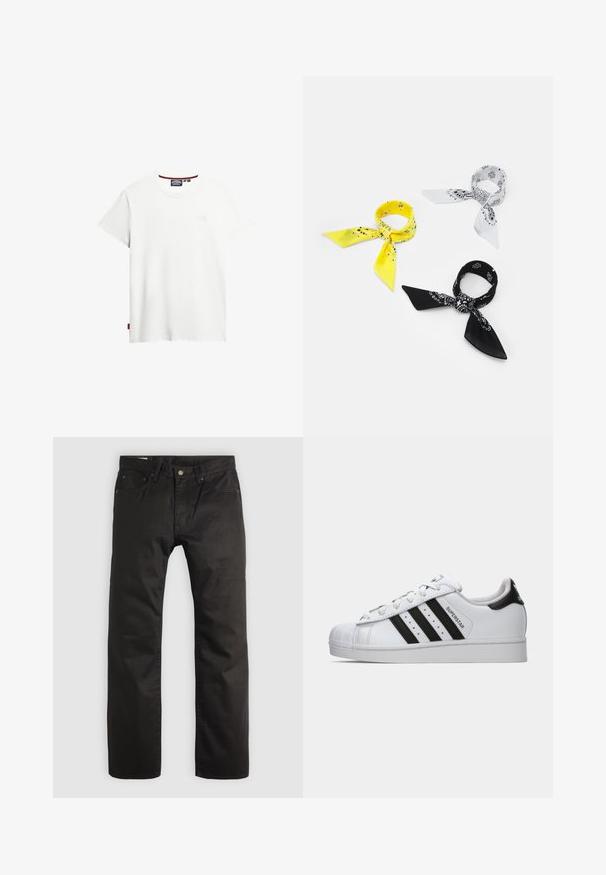 T-shirt bianca in cotone con collo rotondo, maniche corte e un dettaglio del logo discreto sul davanti. Include un piccolo etichetta rossa di lato.; Pantaloni neri a gamba dritta con chiusura frontale a bottone e zip, passanti per cintura e design a cinque tasche su uno sfondo chiaro.; Sneaker Adidas Superstar bianca con strisce nere, punta a conchiglia e testo "Superstar" sul lato, mostrata in profilo sinistro su sfondo bianco.; Tre bandane: una gialla con motivi neri, una bianca con disegni neri e una nera con grafiche bianche. Tutte sono quadrate e in tessuto leggero.