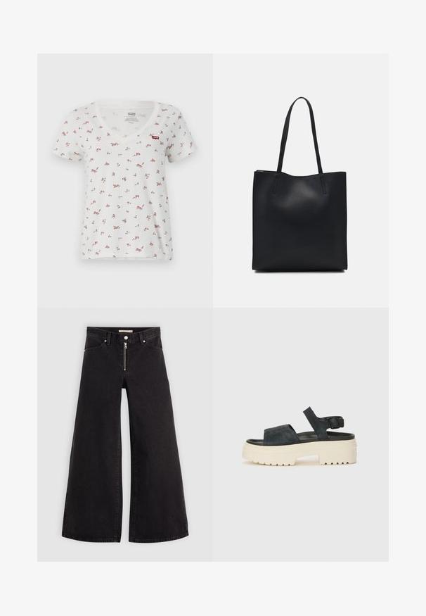 Levi's® PERFECT - T-shirt - bas - off white; Breda jeans i svart denim med dragkedja fram, femfickorsdesign och subtila sömdetaljer. Slät textur och avslappnad stil.; Svarta mocka plattformsandaler med en kraftig vit sula, breda framremmar och justerbar ankelsnodd. Texturerad sula för bra grepp.; Svart lädertoffelväska med slät textur, rektangulär form och två långa handtag. Ingen synlig hårdvara eller dekorationer.